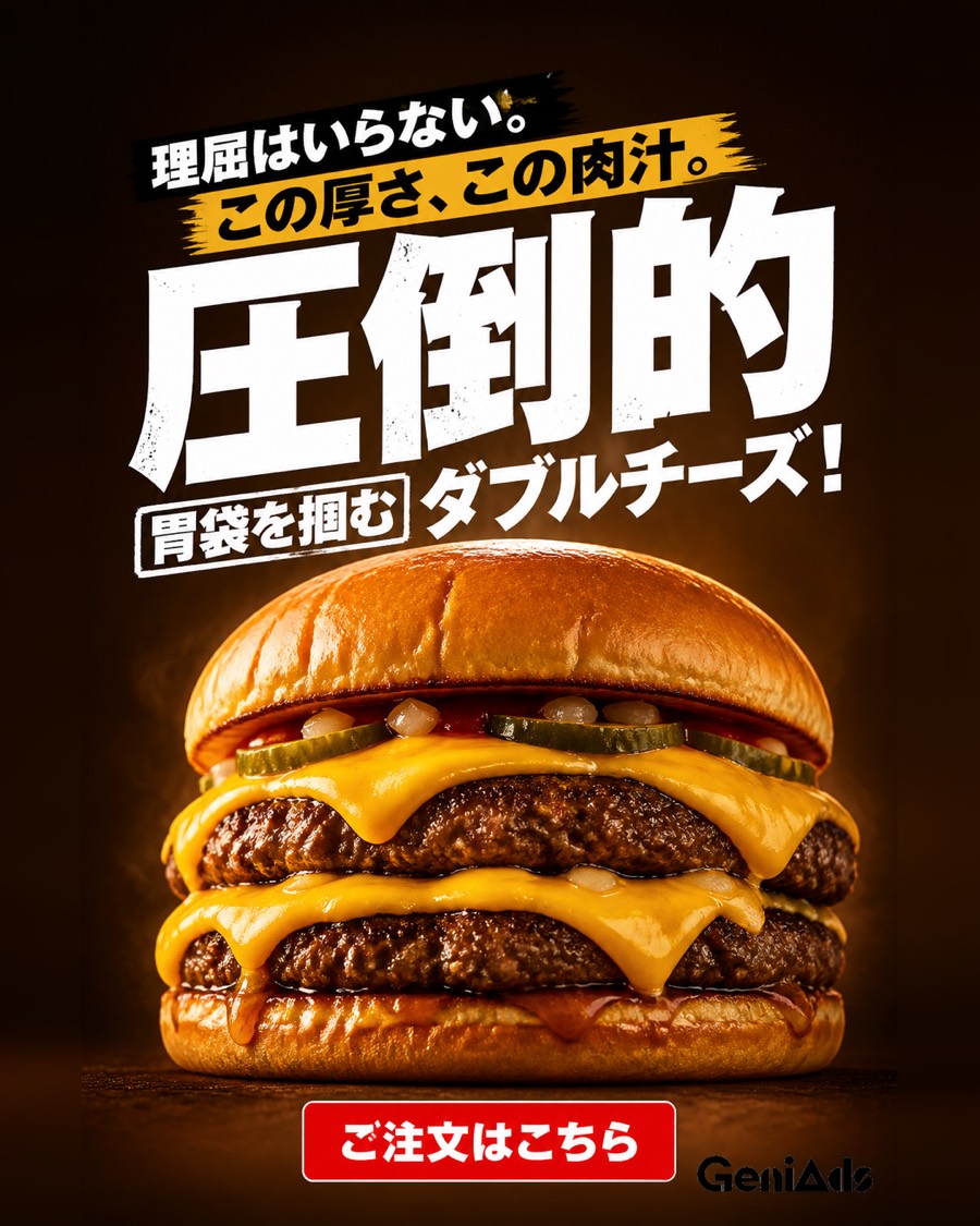 生成された広告クリエイティブの例：飲食業界向けのデジタル広告。ダブルチーズバーガーの写真と「圧倒的ダブルチーズ！」の見出し